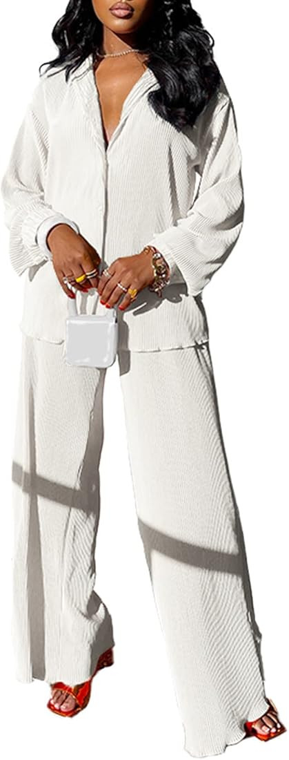 kaimimei Casual 2 Piece Outfit for Women - Linen Long Sleeve Button Down Shirt + Flare Pleated Wi... | Amazon (US)