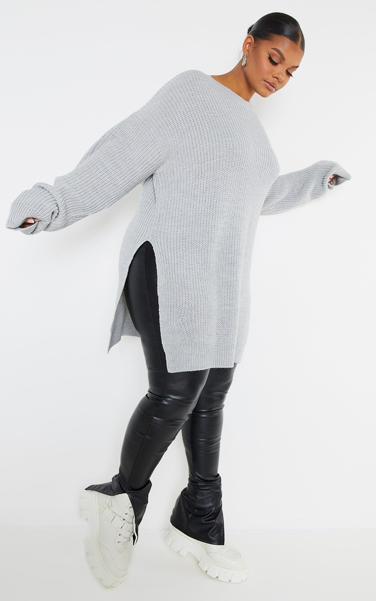 Plus Grey Round Neck Side Split Sweatshirt | PrettyLittleThing US