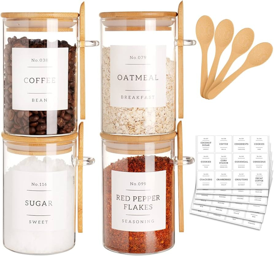 Glass Jar with Bamboo Lid and Spoon - 4 Pcs 17 oz Sugar Container with 132 Food Pantry Labels - G... | Amazon (US)