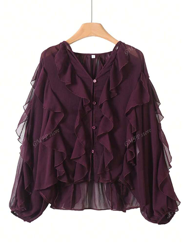 Ruffle Blouse Burgundy | SHEIN