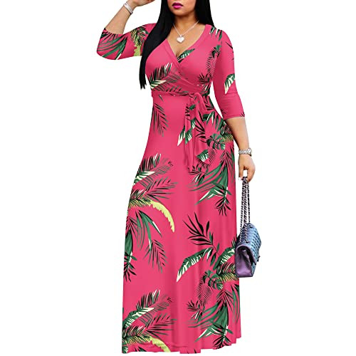 AOMONI Women's Floral Print Maxi Dresses Summer with Pockets Casual 3 4 Sleeve V-Neck Wrap Tie Wa... | Amazon (US)