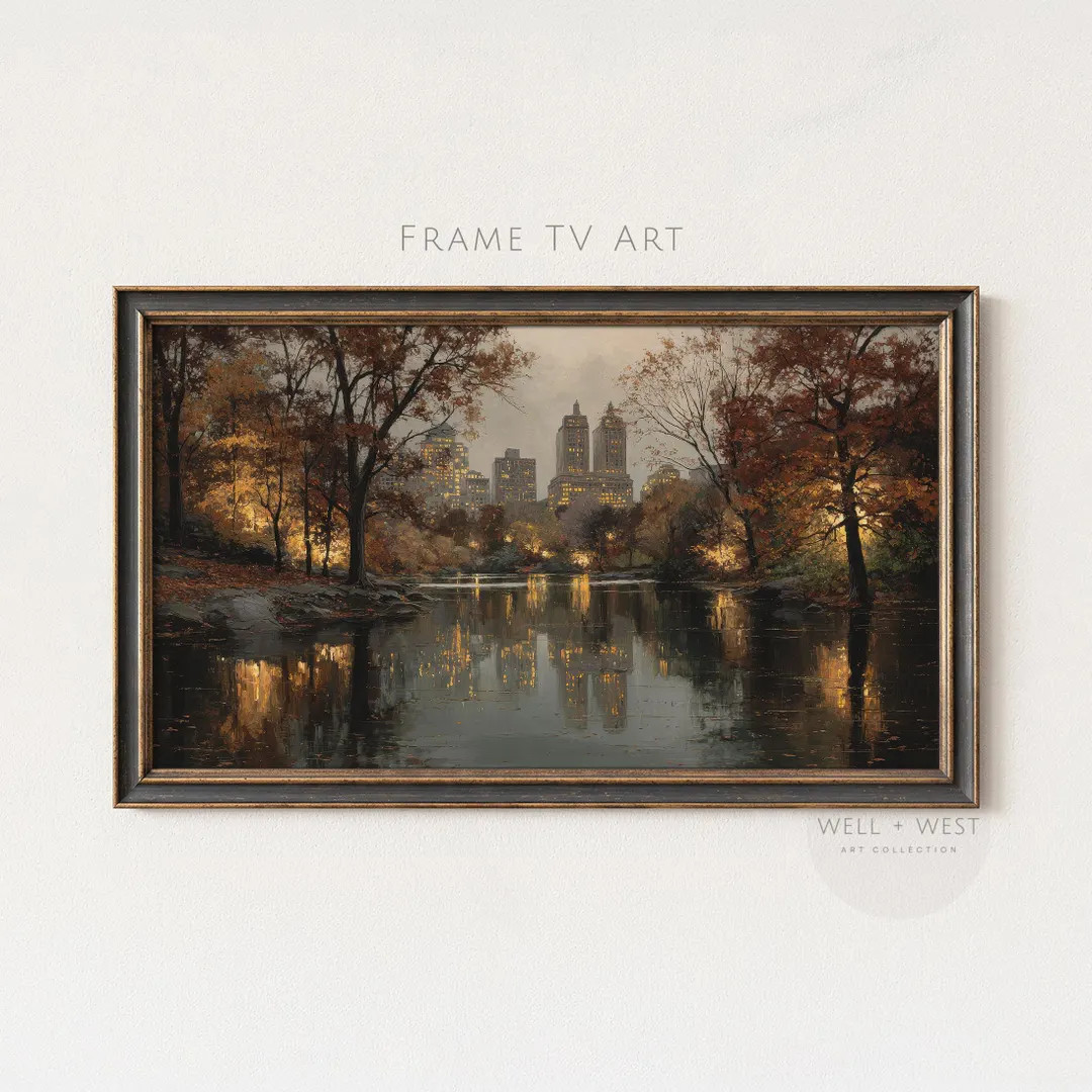 Autumn Lake Central Park TV Art: Moody Vintage Style New York Fall Landscape Painting (digital Do... | Etsy (US)