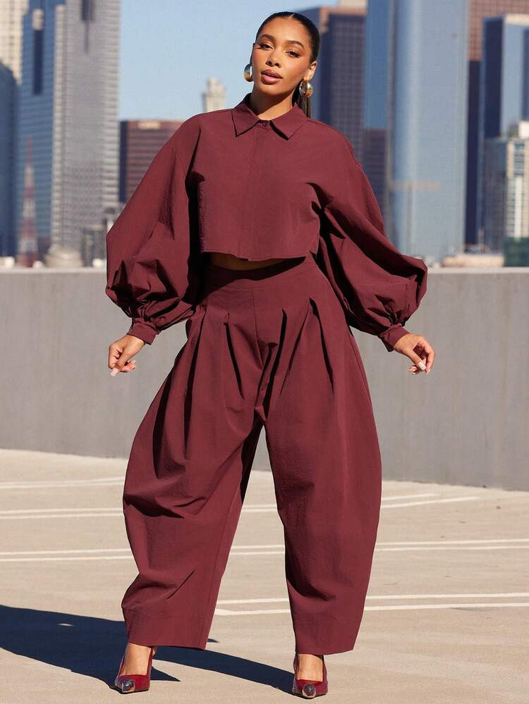 Vixey High Waist Pleated Detail Barrel Leg Office Pants | SHEIN