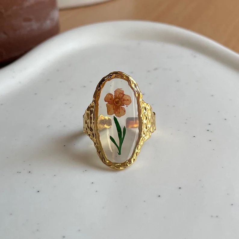 Beautiful Pressed Flower Adjustable Ring, Flower Ring, Pressed Flower Ring, Flower Gold Plated Ri... | Etsy (US)