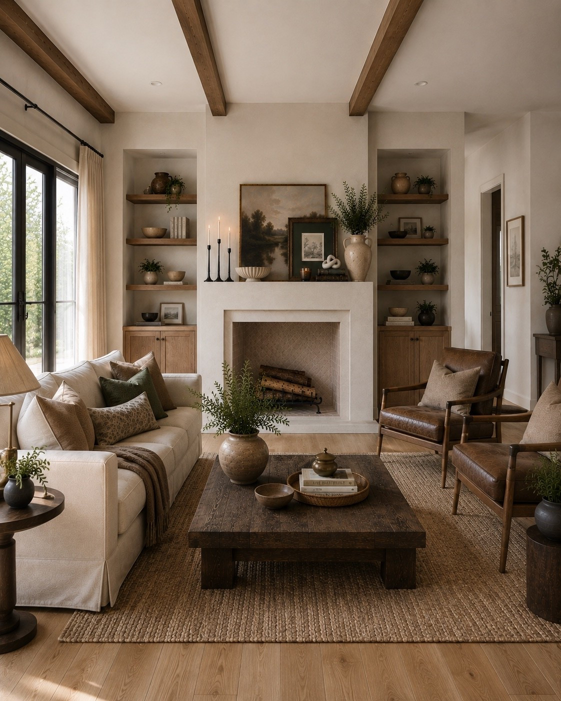 These pieces are from one of my best-selling mantel decor shopping guides, and I think part of what has made this collection so popular is how easily it can work in different styles of homes.

In this modern organic living room, the pieces take on a completely different feel. The warm landscape, earthy pottery and darker metal accents add just enough age and character against the cleaner plaster fireplace, light wood built-ins and all of those organic textures.

Because the fireplace is such a substantial focal point, I started with the oversized landscape to give the mantel enough visual weight. Layering the smaller framed art in front adds depth without filling every bit of empty space, while the tall pottery and candlesticks balance each other through height rather than perfect symmetry. The smaller books, bowl and sculptural accents finish the layers without making the mantel feel cluttered.

I think that mix is also why these pieces are so versatile. Nothing is so specific to one design style that it dictates the rest of the room. 

Instead, the artwork, pottery, metal and sculptural pieces can take on a slightly different personality depending on what you pair them with.

It’s something I try to be really intentional about when creating my shopping guides. I want the pieces to look beautiful together, but I also want you to be able to pull out the ones you love and mix them with what you already own.

I’ve linked the pieces from this best-selling mantel decor guide below, along with similar furniture and decor in the rest of the space.

#LTKHome