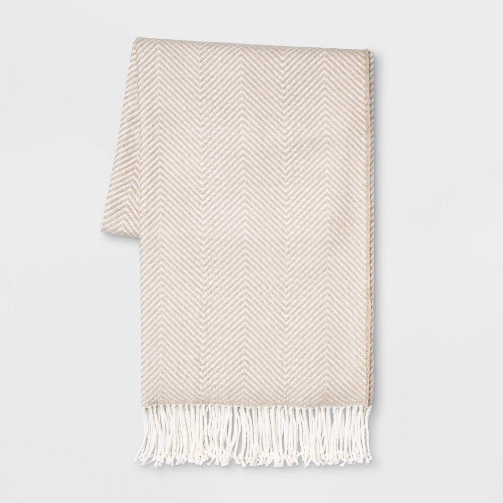 50""x60"" Woven Herringbone Throw Blanket with Fringes Neutral/Cream - Threshold | Target