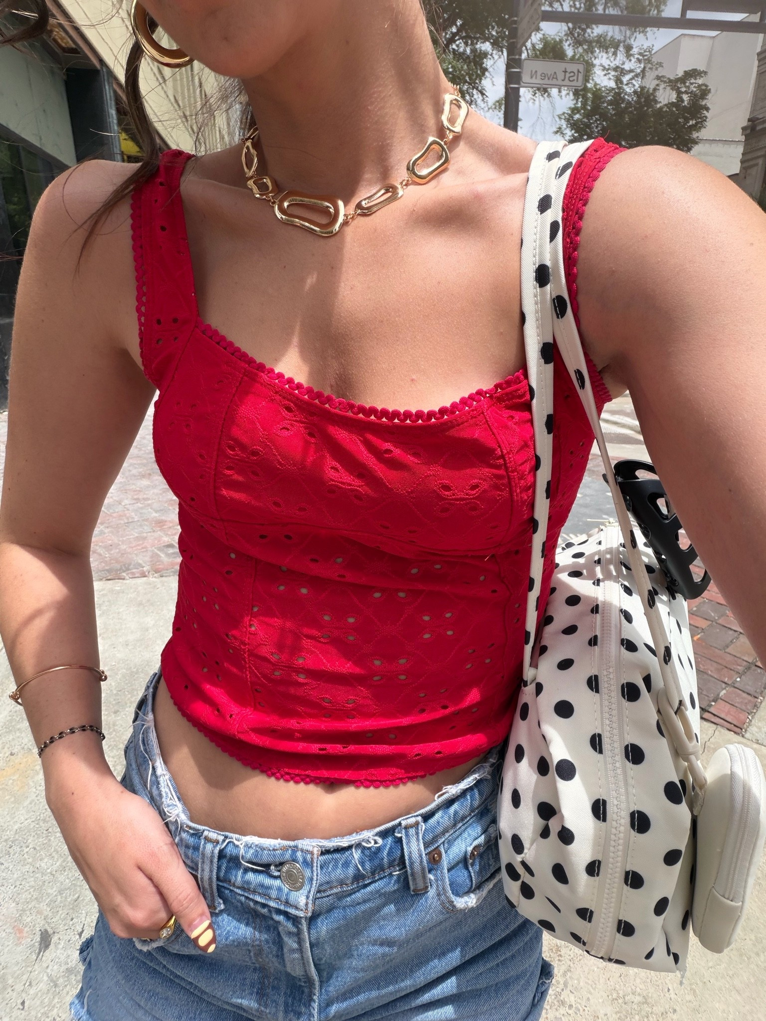 The easiest summer outfit you'll wear on repeat ❤️🍒 A red eyelet corset top paired with classic denim shorts, white strappy sandals, bold gold jewelry, and the cutest polka dot shoulder bag. This effortless vacation outfit is perfect for brunch, farmers markets, summer date nights, beach towns, and European-inspired summer style.


red eyelet top
red corset top outfit
summer outfit inspiration
European summer outfit
Italian summer aesthetic
cherry girl aesthetic
denim shorts outfit
casual summer style
cute brunch outfit
vacation outfit ideas
warm weather outfit
summer fashion inspiration
white sandals outfit
polka dot bag

#LTKdayinmylife #LTKootd #LTKgrwm

#LTKdayinmylife #LTKgrwm #LTKootd