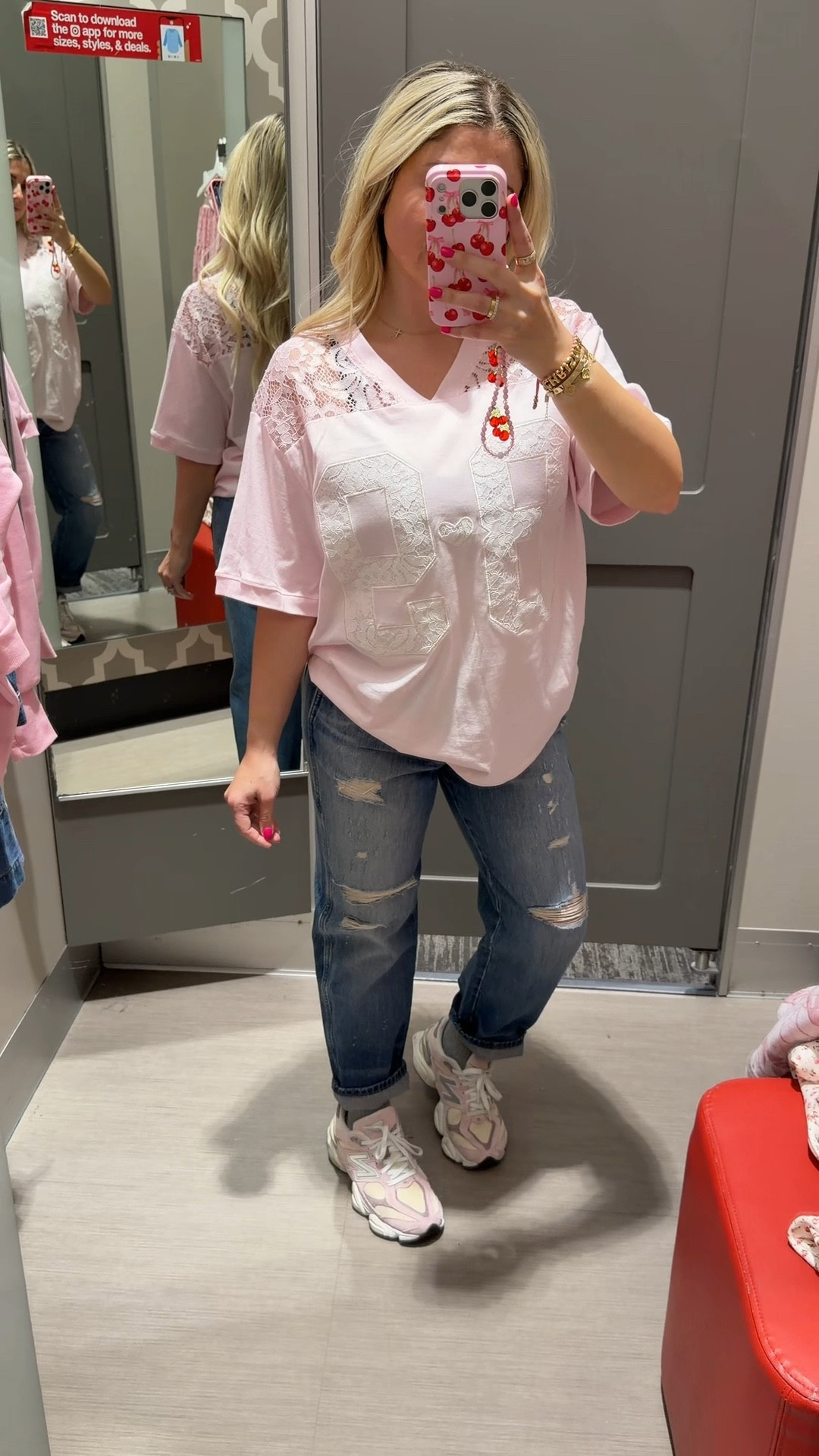 New target outfit! 
Small jersey tee
Boyfriend jeans size 4
Pink New balance sneakers 

#LTKootd