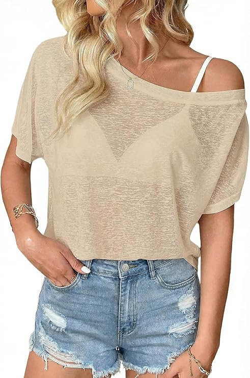 Off The Shoulder Tops for Women Sexy Mesh See Through Short Sleeve Summer Shirt | Amazon (US)