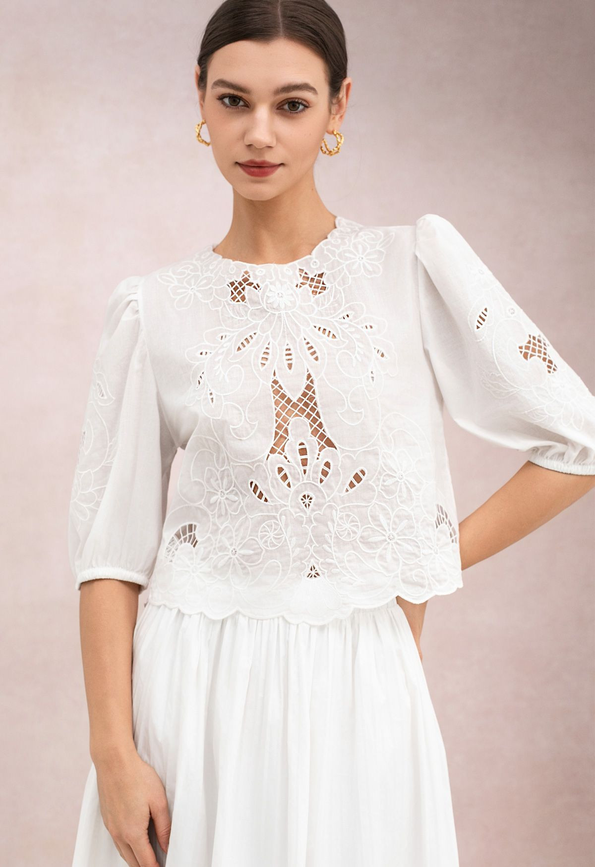 Guipure Lace Elbow Puff Sleeve Cotton Top for Music Festivals & Outdoor Markets | Chicwish