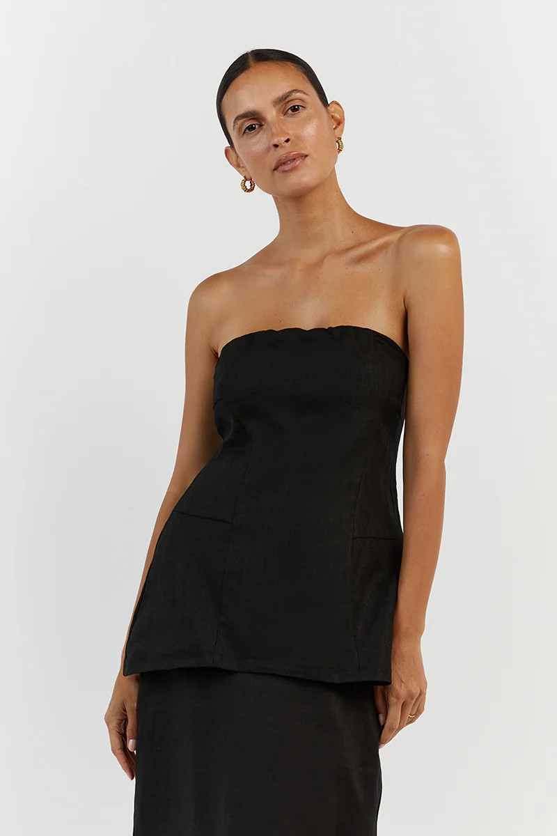 LARA BLACK LINEN STRAPLESS TOP | DISSH