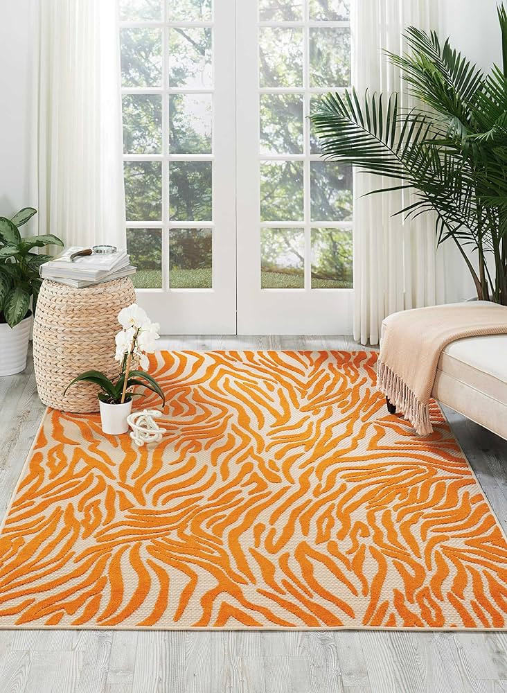 Nourison Aloha Indoor/Outdoor Orange 5'3" x 7'5" Area -Rug, Tropical, Botanical, Easy -Cleaning, ... | Amazon (US)