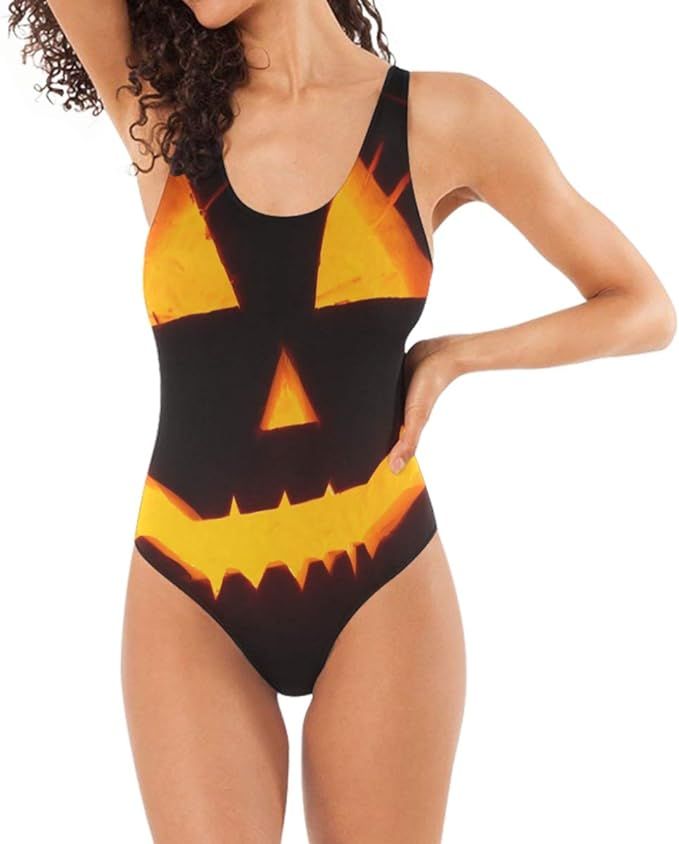 HEOEH Halloween Pumpkin Lamp One Piece Swimsuit Swimear Bathing Suits Beach Suit for Women | Amazon (US)