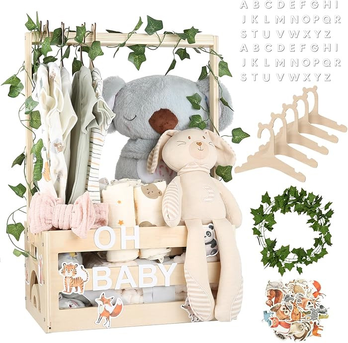 Baby Shower Gifts Basket Wooden Crate, Personalized Wooden Letters and Baby Clothes Hangers New B... | Amazon (US)
