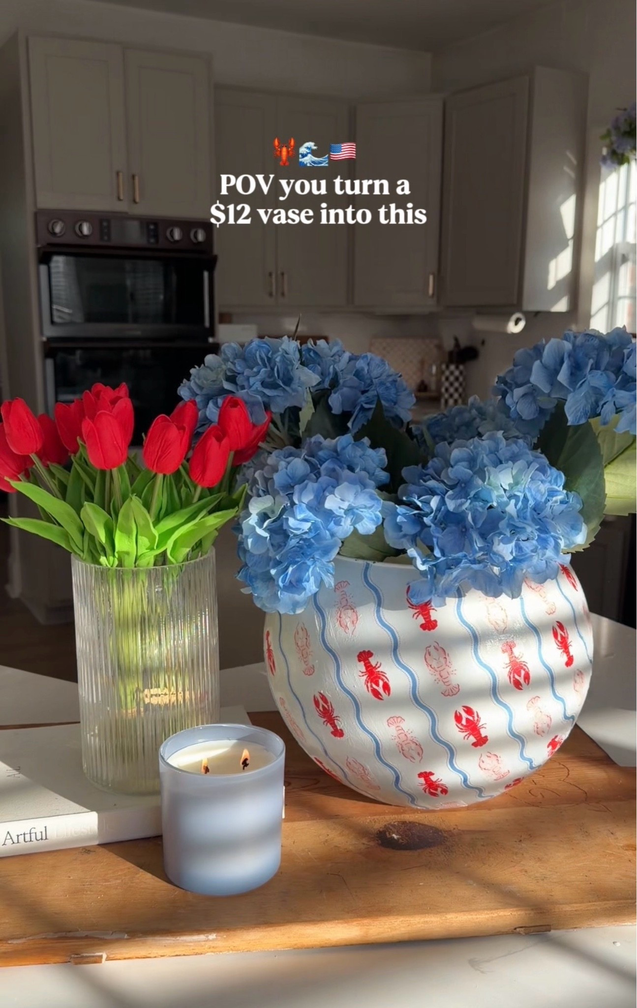 DIY Americana vase idea red white blue decoupage napkin lobster coastal cute Fourth of July Memorial Day decor
