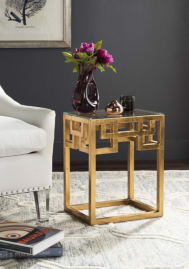 Safavieh Home Collection Byram Greek Key Gold Glass Top End Table | Amazon (US)