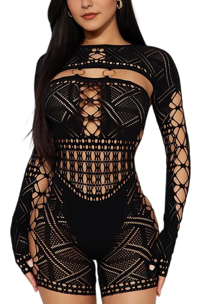 Sexy Long Sleeve Romper for Women See Through Mesh Hollow Out Bodysuit Seamless Jumpsuit | Amazon (US)