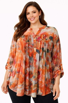 Cocomo Woman 3X Orange Abstract Print Pleated Tunic Blouse Roll Tab Sleeve | eBay US