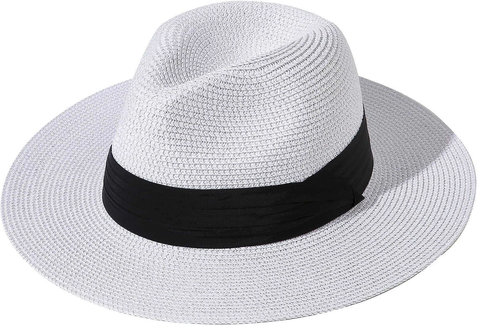 Lanzom Women Wide Brim Straw Panama Roll up Hat Fedora Beach Sun Hat UPF50+ | Amazon (US)