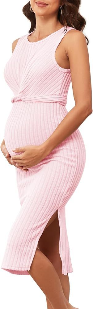 2024 Ribbed Knit Maternity Dress Crisscross Self Tie Sleeveless Tank Bodycon Slits Baby Shower Va... | Amazon (US)