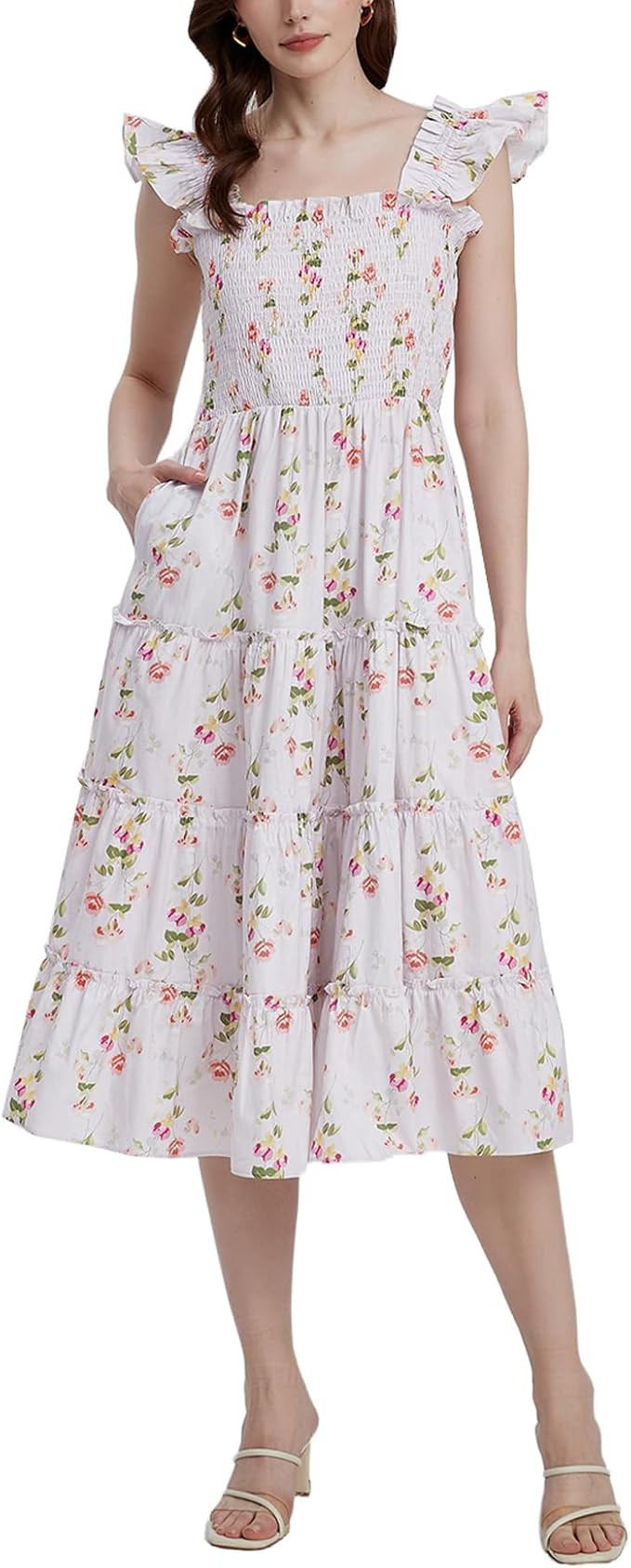 Women's Floral Smocked Midi Dress Square Neck Ruffle Strap Sleeveless Flowy A-Line Long Beach Sun... | Amazon (US)