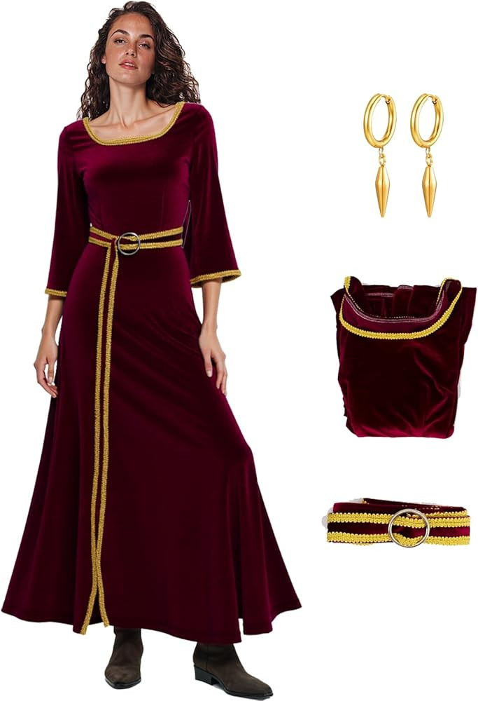 Mother Gothel Costume Women Red Velvet Renaissance Dress Evil Witch Halloween Cosplay Outfits wit... | Amazon (US)
