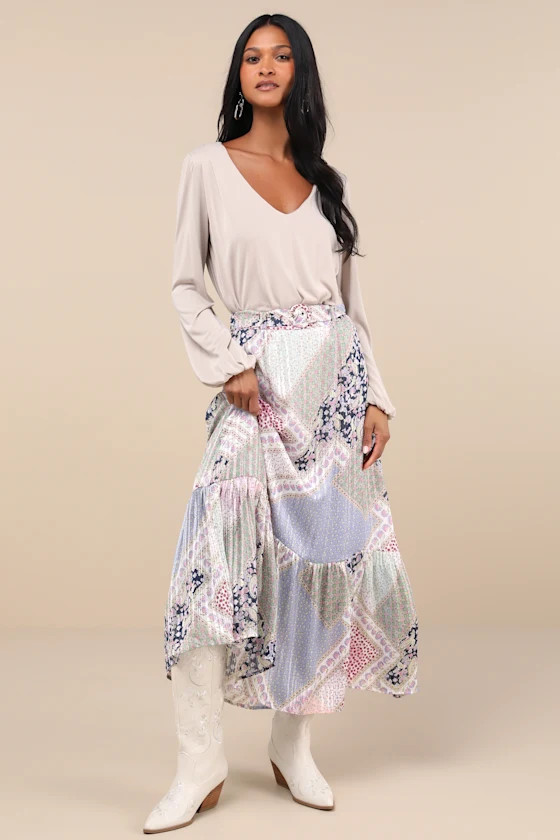 Vibrant Crush Purple Multi Scarf Print Tiered Belted Maxi Skirt | Lulus