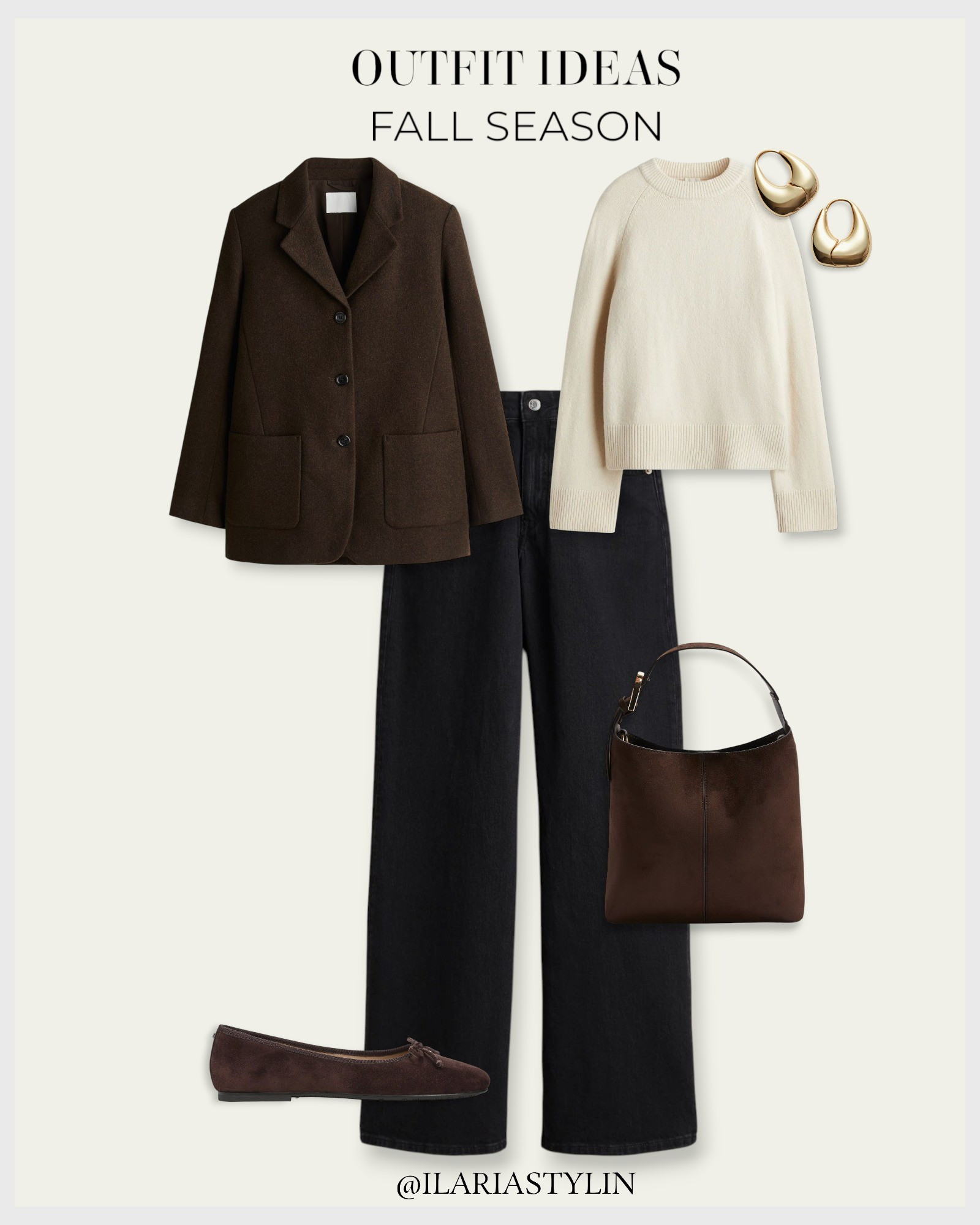 OUTFIT IDEAS: Fall Season 🍂 autumn outfit, fall outfit, brown blazer, napped blazer, single-breasted blazer, cream sweater, loose-fit sweater, black jeans, wide leg jeans, brown flats, suede flats, ballet flats, brown bag, napped bag, bucket bag, shoulder bag, casual outfit, casual chic outfit

#LTKSeasonal #LTKStyleTip #LTKWorkwear