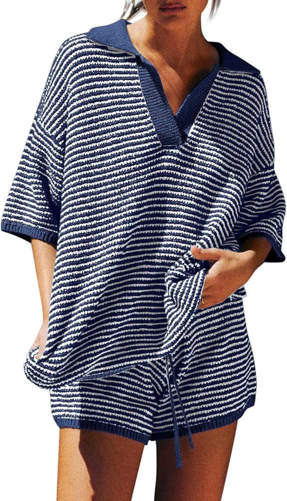 Tankaneo Womens Sweater Set 2 Piece Outfits Oversized 3/4 Sleeve V Neck Knit Tops High Waisted Sh... | Amazon (US)