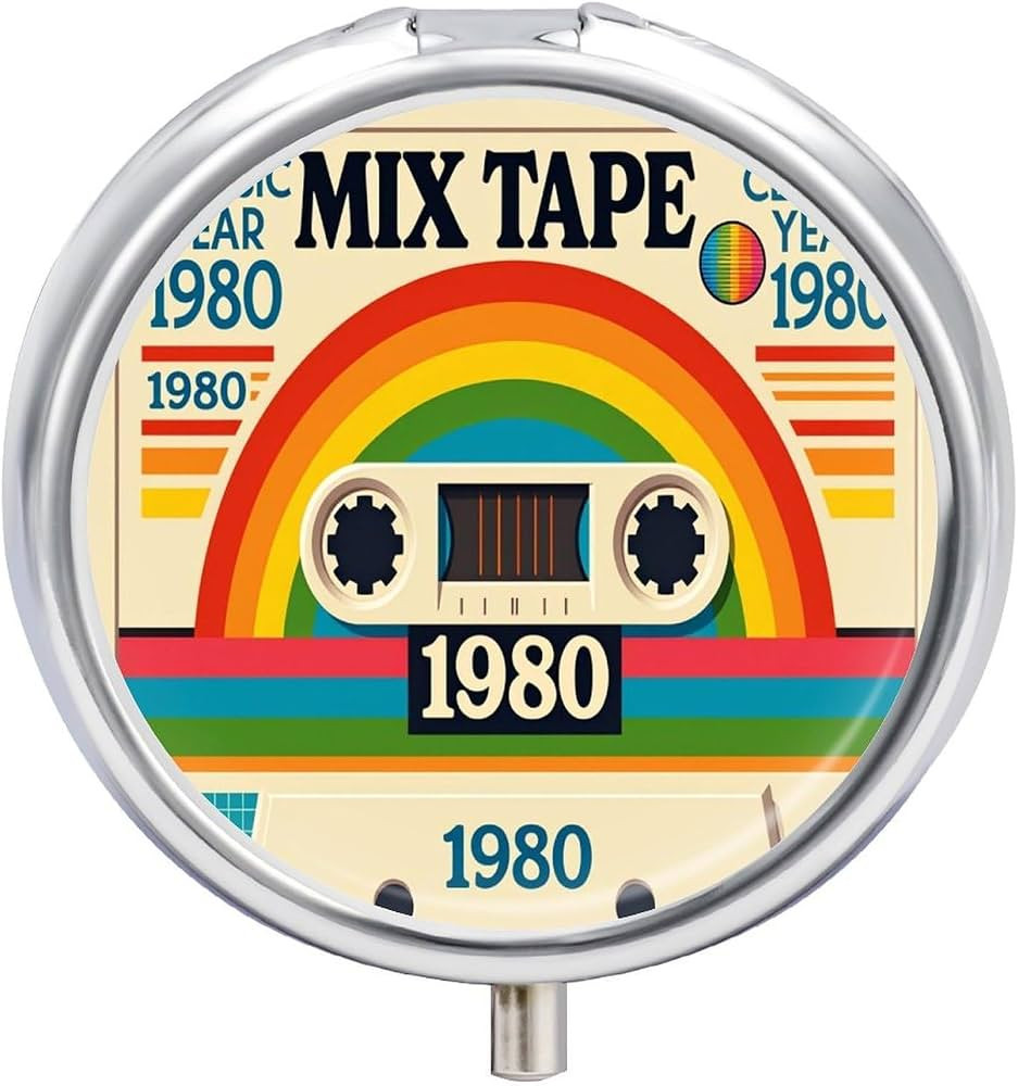 Classic Mix Tape 1980 Retro Rainbow Small Round Metal Pill Box with Mirror, 3 Compartment Pocket ... | Amazon (US)