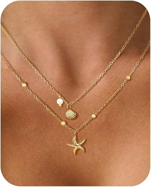 Shell Necklace for Women,14k Gold Plated Layered Starfish Conch SeaShell Pearl Pendant Charm Neck... | Amazon (US)