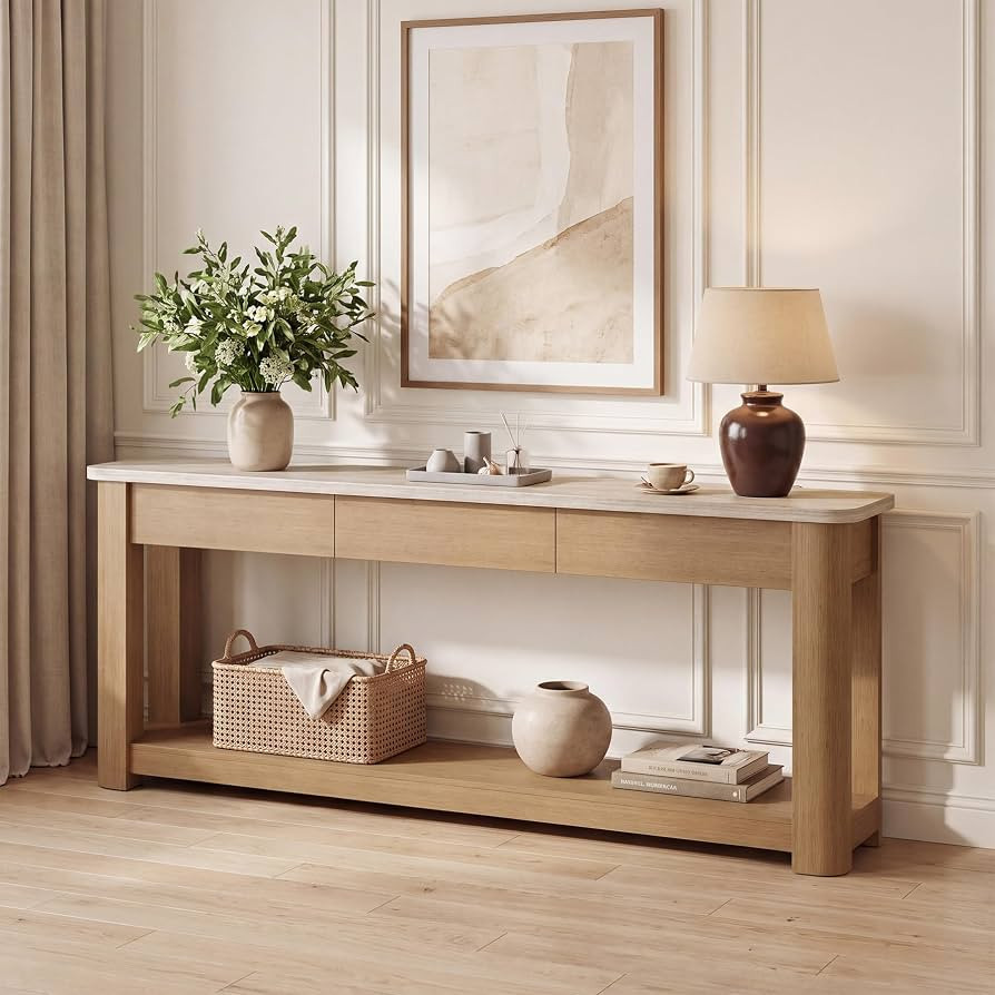 71" Console Table with Storage, Faux Marble Entryway Table, Oak | Amazon (US)