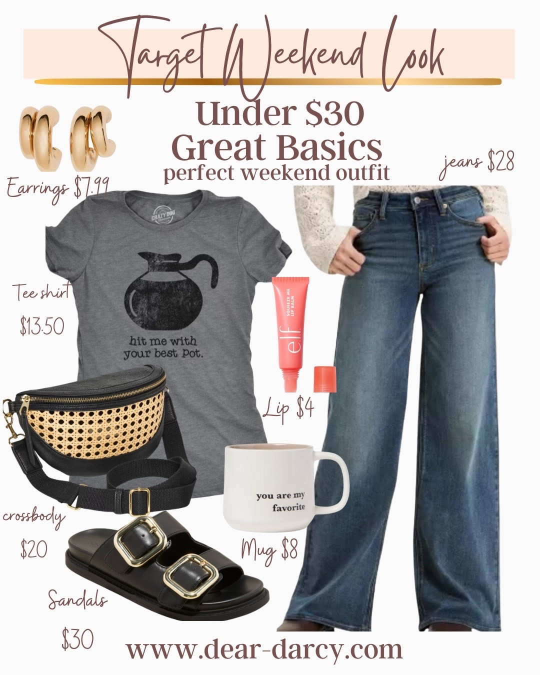 Target 🎯 Weekend outfit inspo
Under $30

Such fun finds you’ll love !

These great jeans that come in tall too (size up one size) so flattering!’$28

Cute coffee graphic tee $13

Cane straw and leather crossbody $2o so good

Great bucket sandals $30 

Cute coffee mug $8

Gold double gold hoops $7

Tinted Lip balm $4

#LTKSaleAlert #LTKFindsUnder50 #LTKStyleTip