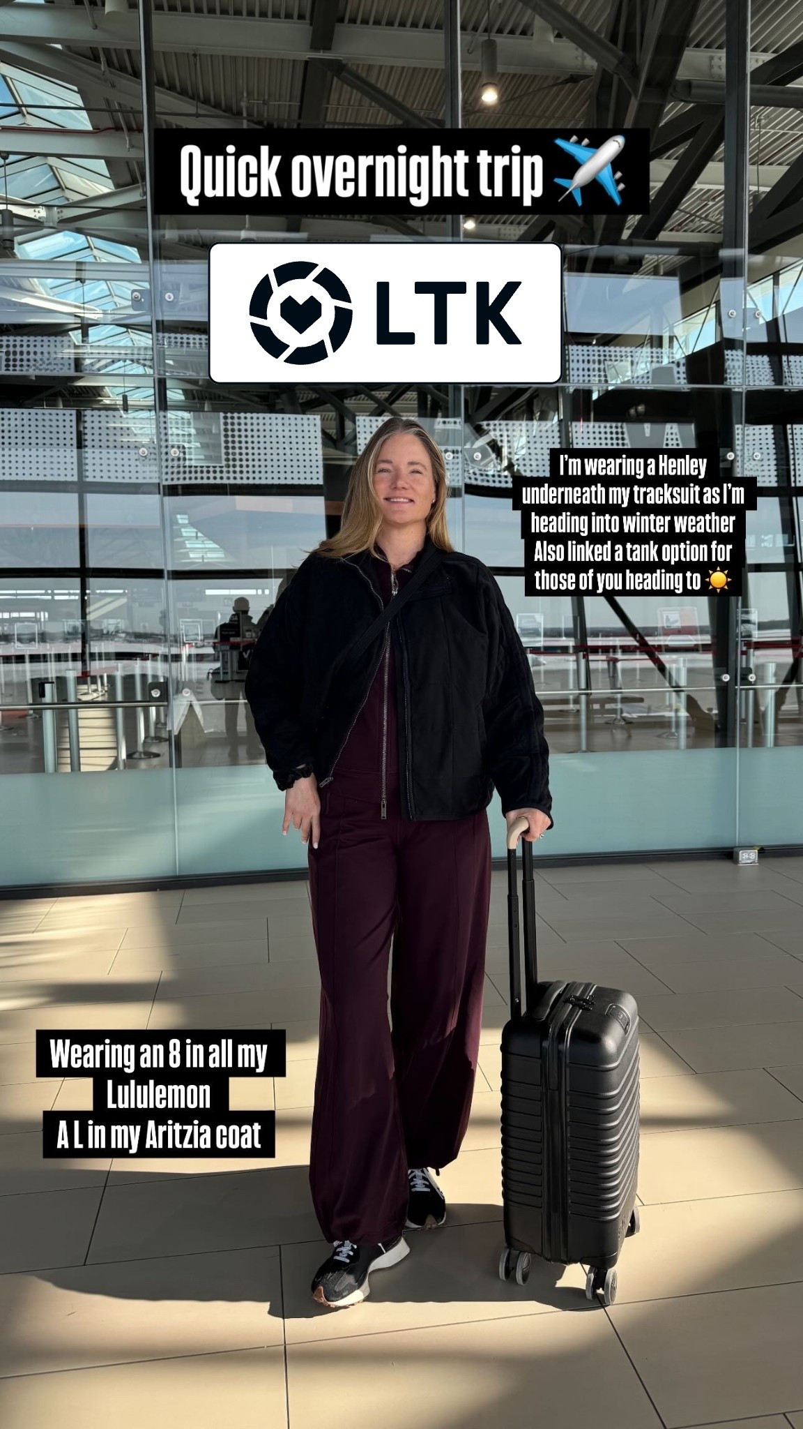Chic travel look! 
Wearing an 8 in all of my Lululemon 
L in my jacket from Aritzia 

#LTKTravel