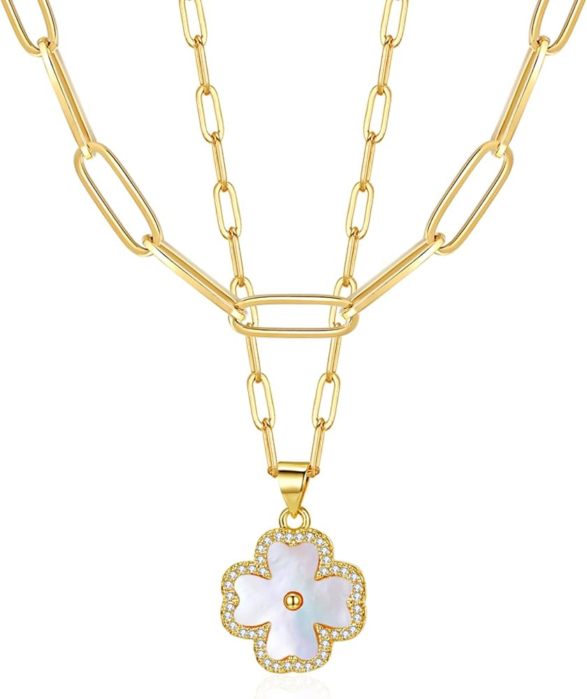 Four Leaf Clover Pendant Necklace Double Layer Chain 14K Gold Plated Birthday Valentine's day Jew... | Amazon (US)
