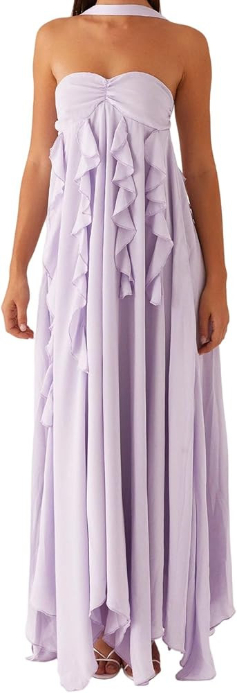 FEORJGP Womens Summer Backless Maxi Dress Solid Color Ruffle Trim Sleeveless Flowy A-Line Midi Dr... | Amazon (US)