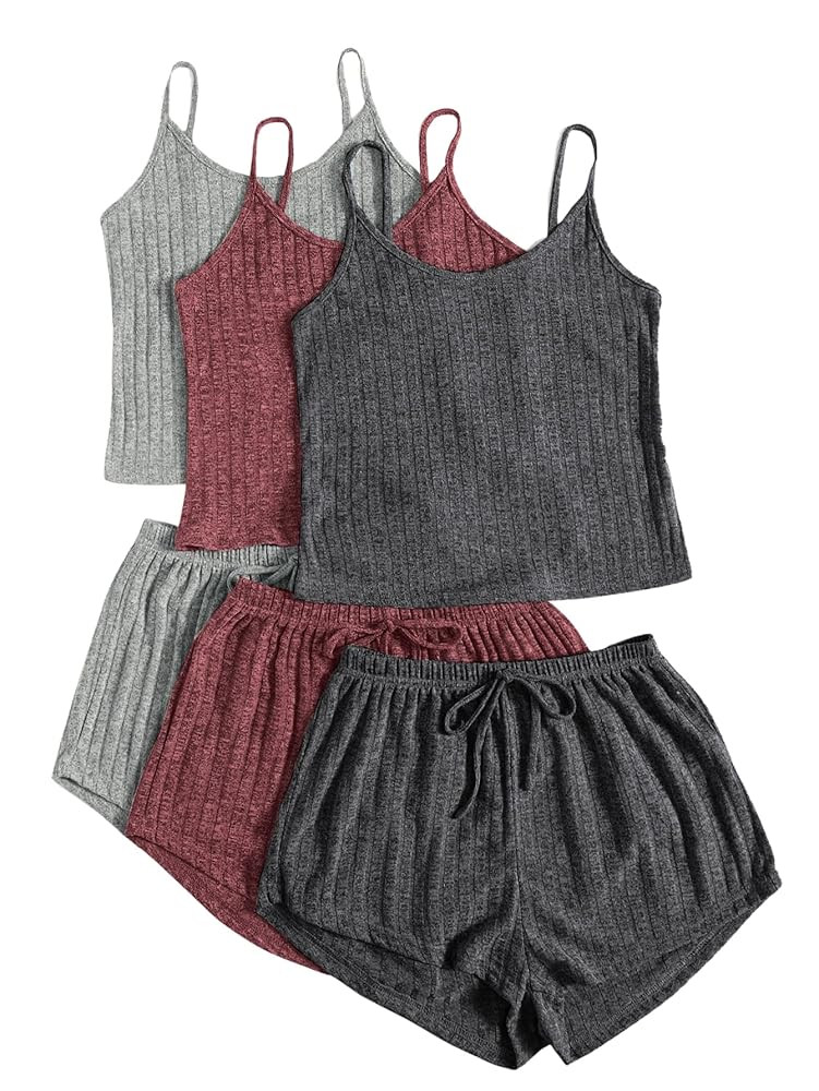 GORGLITTER Women's 3 Sets Ribbed Pajamas Set Sleeveless Crop Top and Tie Front Shorts Lounge Set ... | Amazon (US)