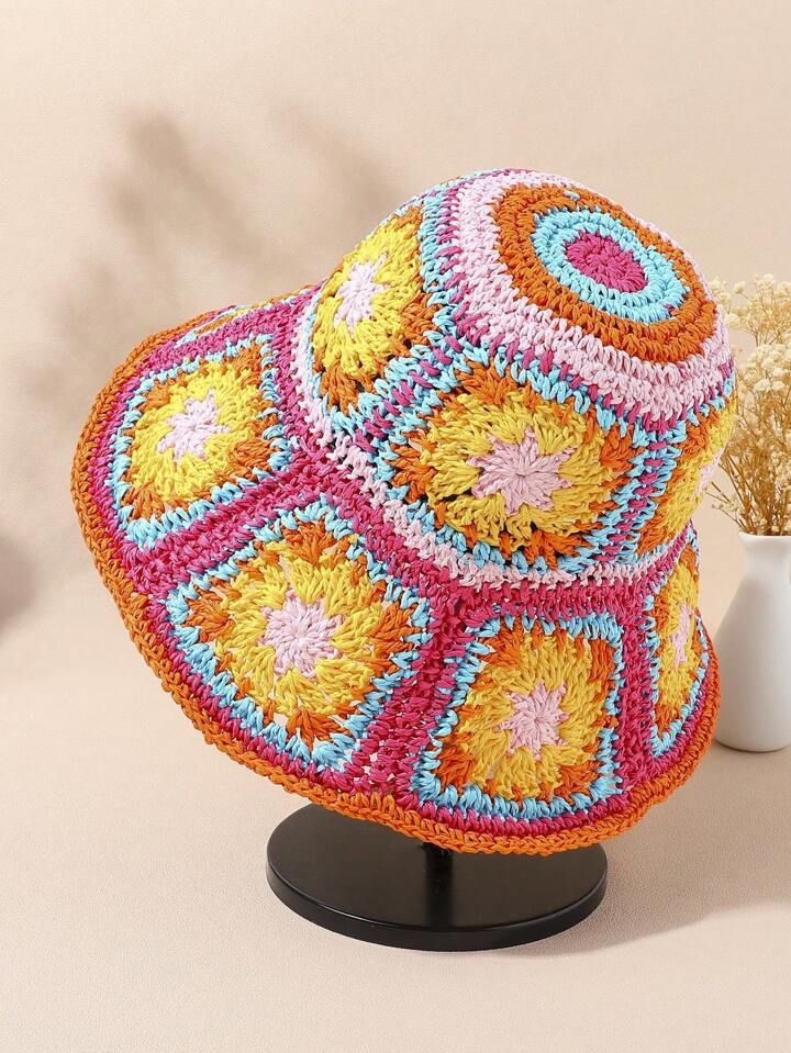 1pc Women Flower Pattern Foldable Fashionable Bucket Hat For Daily Life Crochet Hat Boho | SHEIN