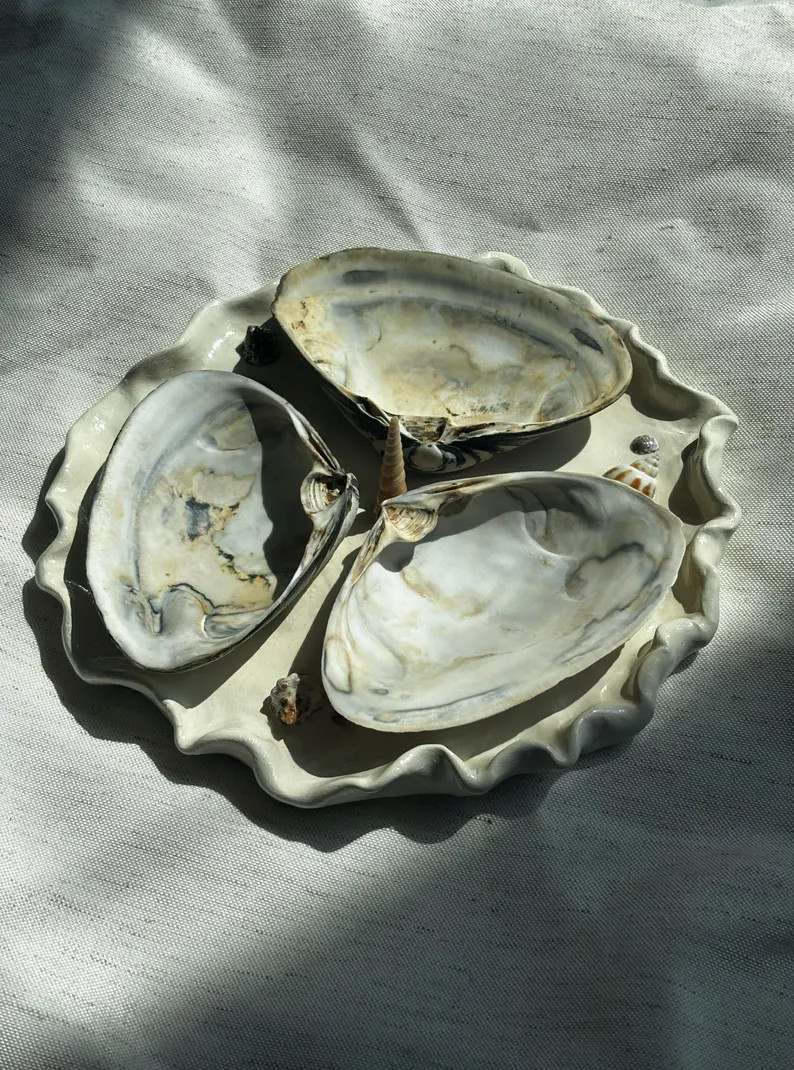 Seashell Serving Dish, Handmade Seashell Charcuterie Board, Polymer Clay Platter with seashells |... | Etsy (US)