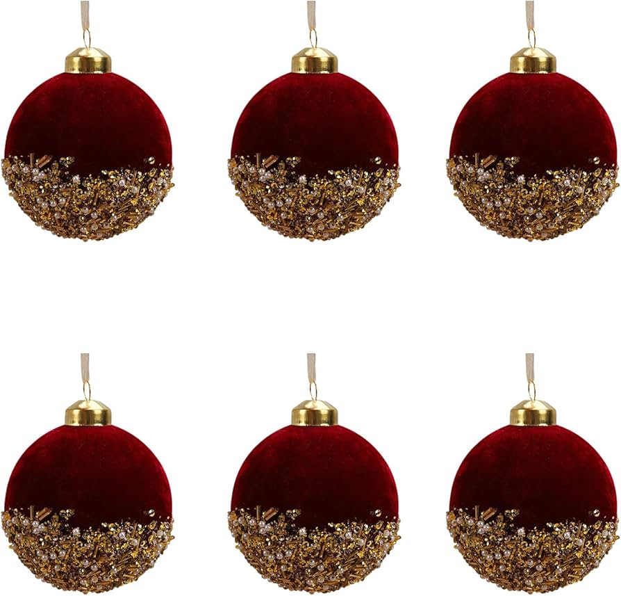 Red Velvet Christmas Ornaments Set 6Pcs Flocked Christmas Tree Ornaments Balls 3inch Large Hand-S... | Amazon (US)