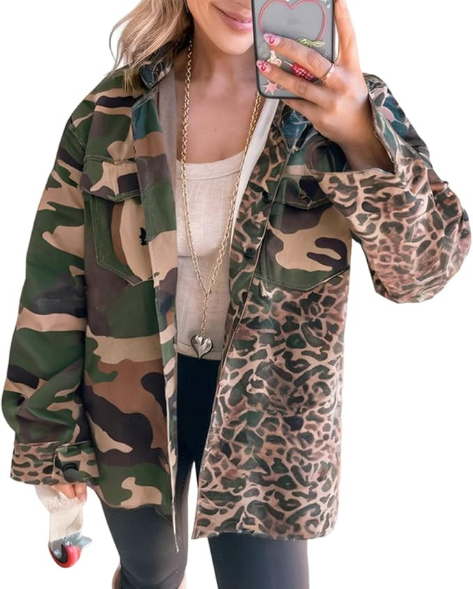 Leopard Camo Shirt Jacket for Women Button Down Oversized Shacket Camouflage Patchwork Fall Shack... | Amazon (US)