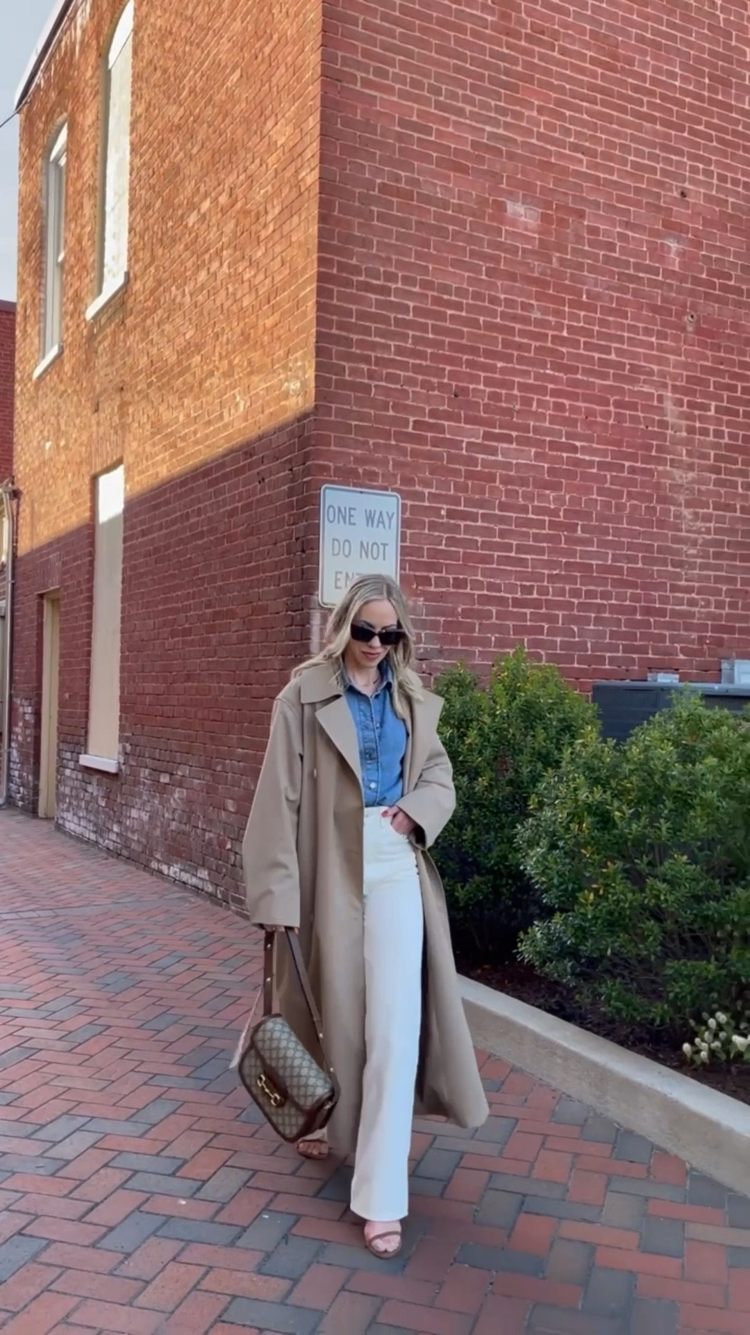 Spring outfit, trench coat, denim shirt, white wide leg jeans, Gucci bag, spring trends 

#LTKSpringSale #LTKSeasonal #LTKOver40