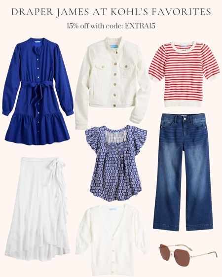 My favorites from Draper James at Kohl’s are an extra 15% off with code EXTRA15. Wedding guest outfit. Spring outfit. Jeans. Travel outfit. Work outfit. Date night outfit. Modern geometric sunglasses. Flutter sleeve smocked top. Elbow sleeve cardigan. Ruffle trim denim jacket. White wrap skirt. Red and white puffed short sleeve striped sweater. Wide leg crop pants. Button front shirt dress with tie belt  

#LTKsalealert #LTKover40 #LTKmidsize