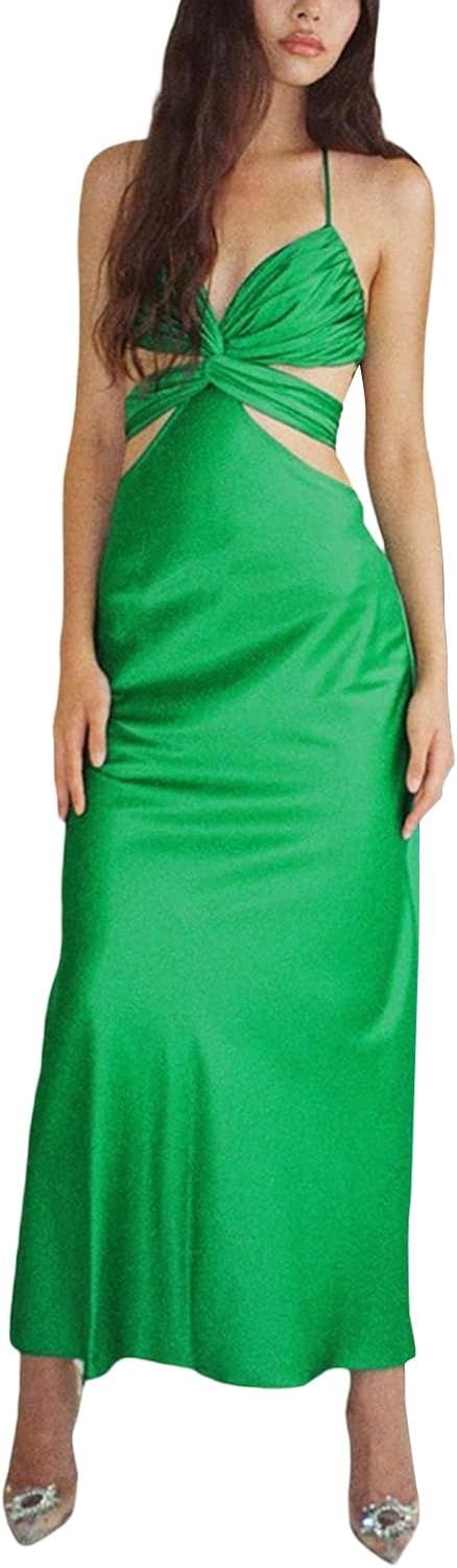 Women Halter Strap Long Dress Twist Bandage Bodycon Backless Hollow Out Satin Tube Maxi Dress Coc... | Amazon (US)