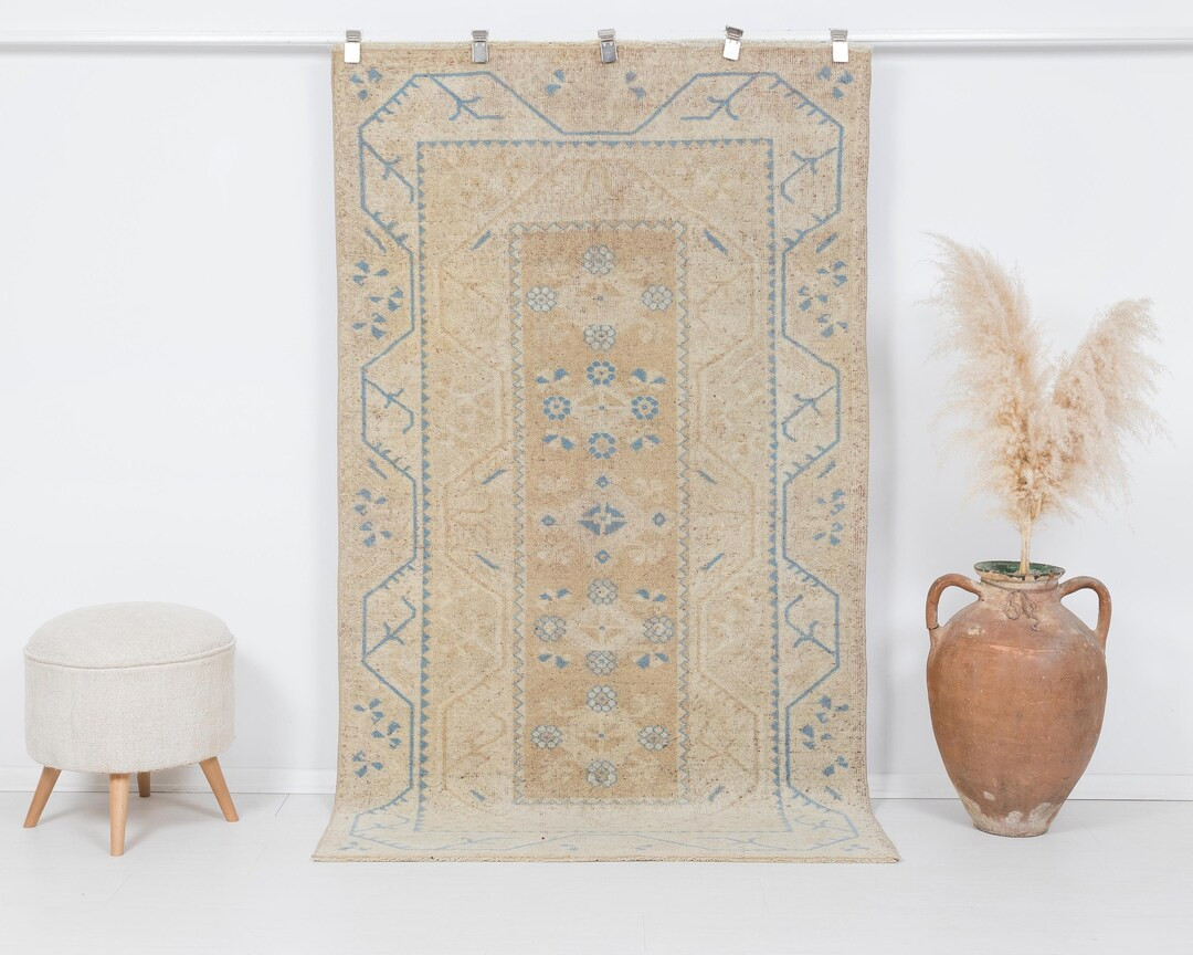 Small Vintage Oushak Rug 4x6, Wool Beige&blue Low Pile Rug - Etsy | Etsy (US)