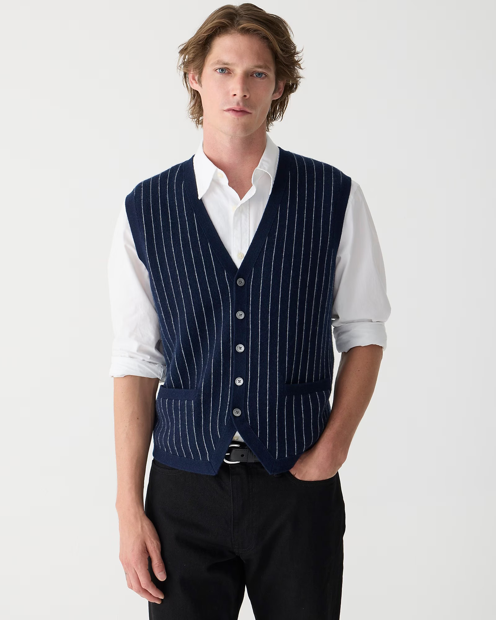 Cashmere-blend cardigan sweater-vest in pinstripe | J. Crew US
