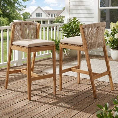 ModernLuxe Set of 2 Outdoor Bar Stools, Patio Bar Chairs, Teak Finish with Woven Rope Back & Beige Olefin Cushions | Target