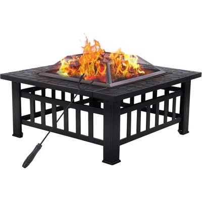32" Fire Pit Square Wood Burning Outdoor Firepit Includes Fire Poker And Cover, For Outdoor Heating, Garden,Backyard,Camping,Black | Wayfair North America