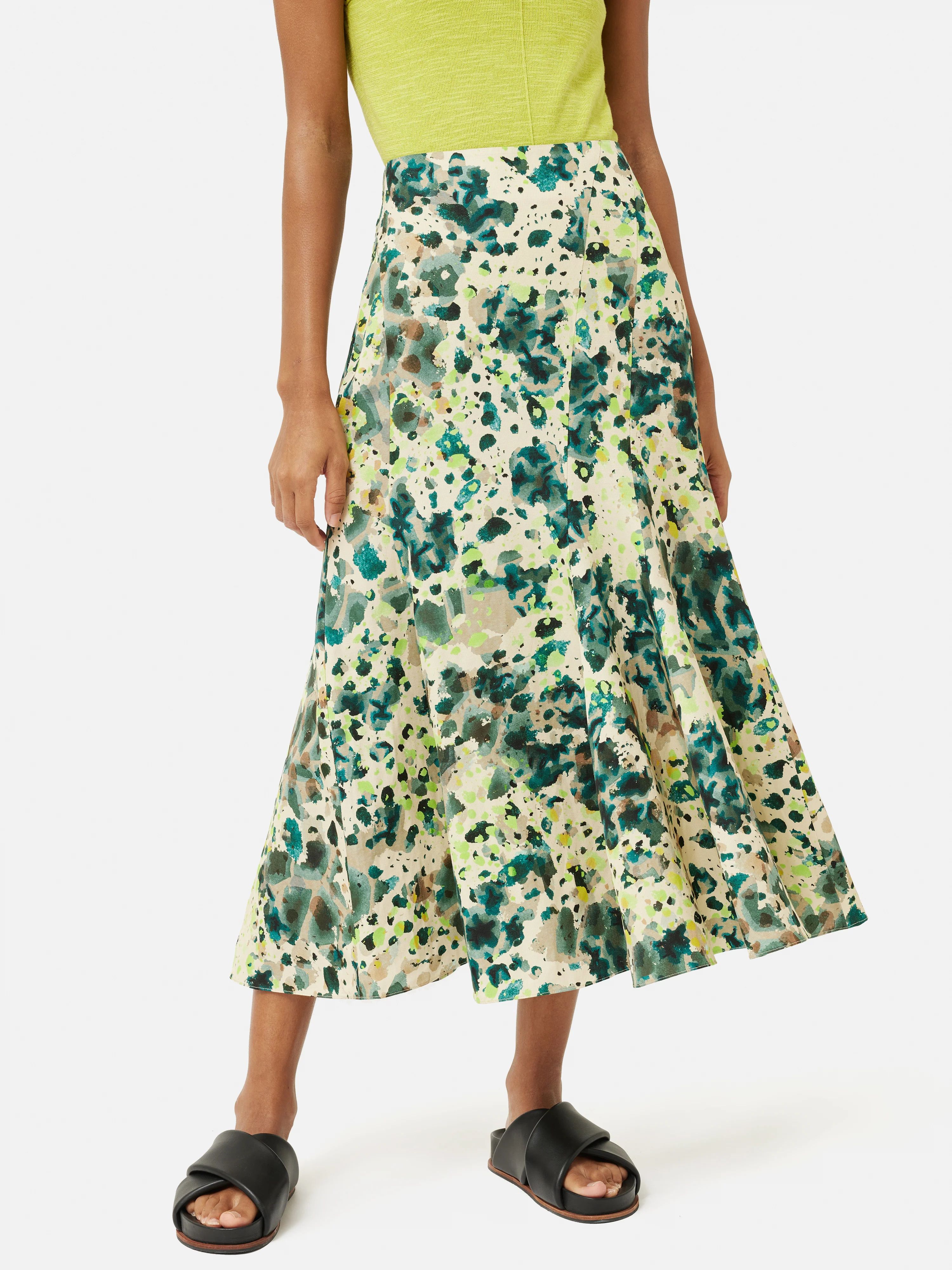 Clouded Leopard Linen Blend Skirt | Green | Jigsaw (UK)
