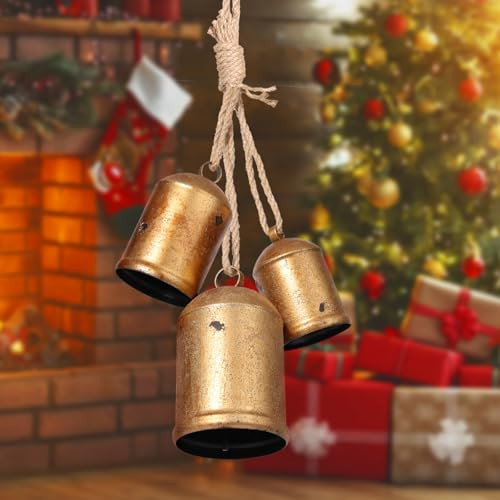 Set of 3 Christmas Bells,Vintage Gold Bell Country Harmony Lucky Cowbells with Hemp Rope for Door Handles Stairs Fireplaces Christmas Tree Decorations | Amazon (US)